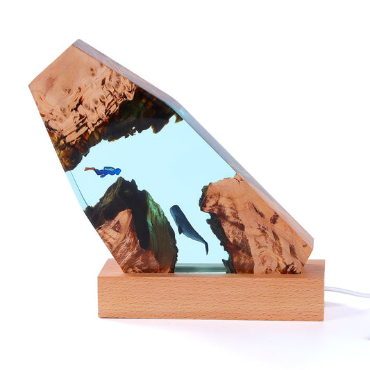 Cavern Whale Diver Solid Wood Resin Night Light